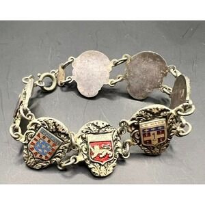 Vintage French Heraldic Souvenir Bracelet AR Lyons Sterling Silver Enamel Shield